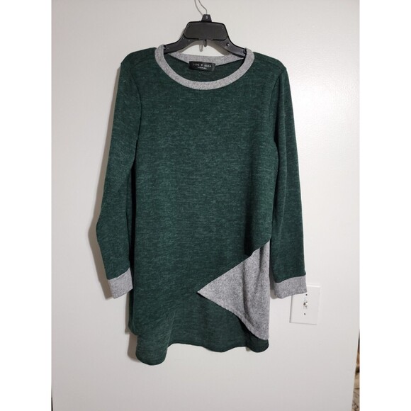 Love Kuza Green Gray Asymmetrical Sweater Size L color block - Picture 2 of 5